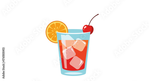 A refreshing alcoholic drink with ice orange and cherry garnish.