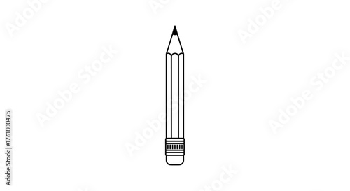 A detailed line drawing of a sharpened graphite pencil with an eraser and ferrule ready for writing and drawing.