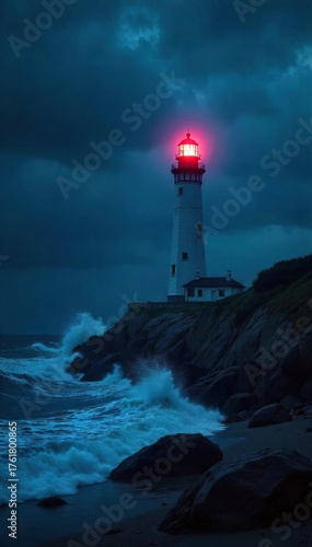 Dramatic Lighthouse Beam Piercing Stormy Night, Waves Crashing on Rocky Coast, Beacon of Hope Amid Tempest
