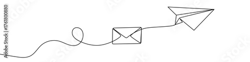 Envelope with a paper airplane flying out of it in one line art style. Mail drawing with editable black stroke on white background. Vector illustration.