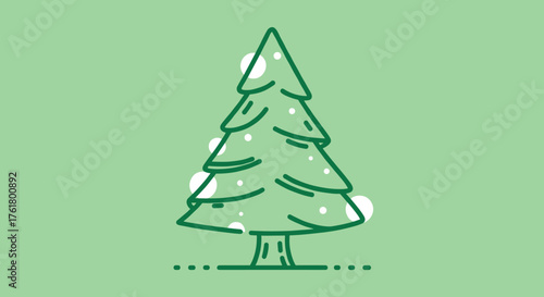 A minimalist line art drawing of a christmas tree with white dots representing snow against a light green background.