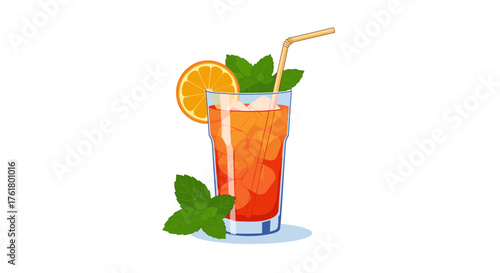 Refreshing orange mint cocktail garnished with a slice of citrus and a striped straw.