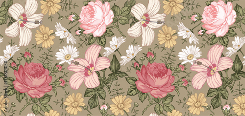 Seamless pattern. Beautiful pink blooming realistic isolated flowers. Vintage background. Set Chamomile Roses hibiscus mallow wildflowers. Wallpaper. Drawing engraving. Vector victorian Illustration