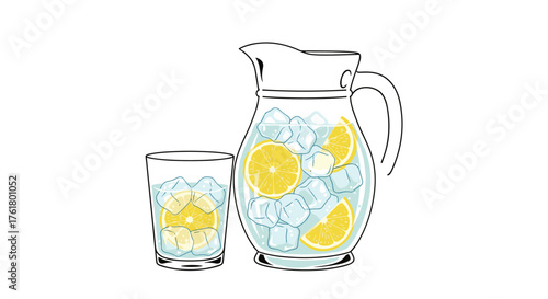 Refreshing infused water with fresh lemon and mint served in a clear glass pitcher with ice and a matching glass.