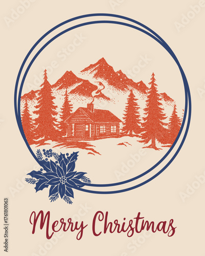 Canvastavla Vintage Christmas greeting card vector illustration with winter cabin in snowy m