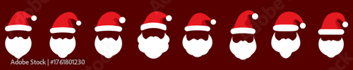 Santa Claus beard and red hat silhouette illustration. Set of colored icons isolated on dark red background. Vector illustration.