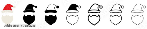 Santa Claus hat illustration in different styles: color, silhouette and outline. Set of icons isolated on white background. Vector illustration.
