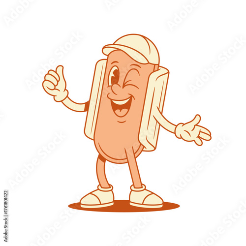 Cute positive hot dog cartoon character thumb up contoured vector flat illustration. Smiling winked fast food with sausage and bread mascot teenager cap showing good cool recommend gesture