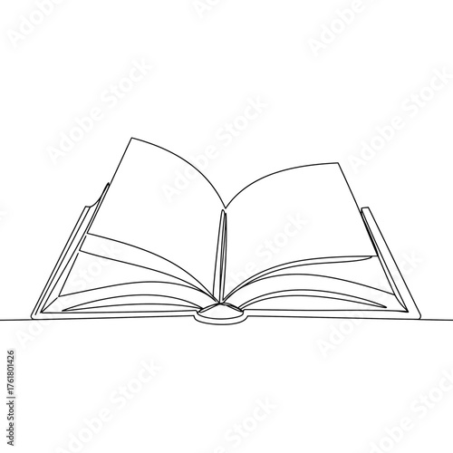 Open hardcover book with blank pages in minimalist line art style vector. Reading ans education concept. School or college degree