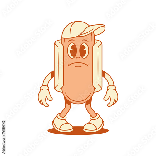 Sad hot dog cartoon character in cap tired contoured vector flat illustration. Upset unhappy fast food with sausage and bread mascot hipster teenager personage feeling tiredness sadness