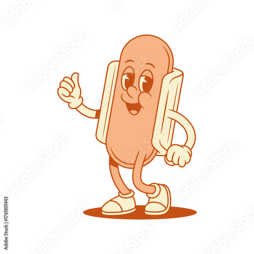 Funky hot dog cartoon character cool thumb up gesture contoured vector flat illustration. Cute adorable fast food with sausage and bread mascot showing good alright tasty menu recommend