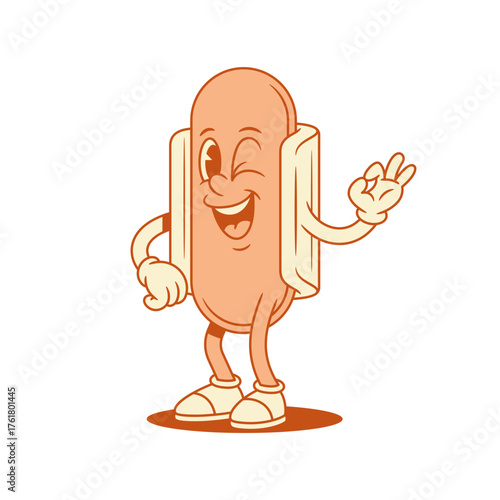Happy winked hot dog cartoon character ok okay contoured vector flat illustration. Smiling cheerful fast food with sausage and bread mascot showing good alright recommend gesture tasty menu