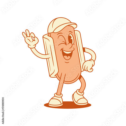 Funky hot dog cartoon character smiling ok okay gesture contoured vector flat illustration. Cute smile positive fast food with sausage and bread mascot good alright gesturing