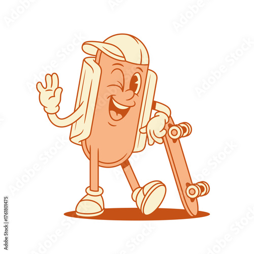 Hipster hot dog cartoon character with skateboard contoured vector flat illustration. Funny teenager in cap fast food with sausage and bread mascot winked with board summer sport outdoor activity