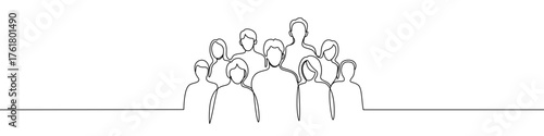 Group of people in one line art style. People drawing with editable black stroke on white background. Vector illustration.