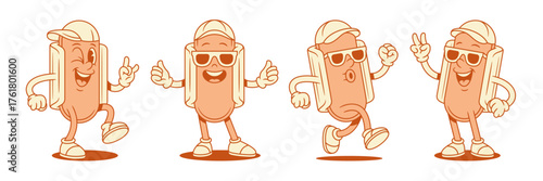 Funky hot dog cartoon character in cap and sunglasses set contoured vector flat illustration. Smiling cheerful fast food with sausage and bread mascot cool thumb up rock peace gesture positive emotion