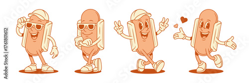 Cute cool hot dog cartoon character set contoured vector flat illustration. Cheerful funny fast food with sausage and bread mascot blowing heart love like peace gesture wearing sunglasses and cap