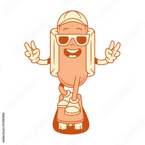 Hipster hot dog cartoon character riding skateboard contoured vector flat illustration. Funky cool teenager fast food sausage bread mascot in sunglasses cap ride board parkour sport summer activity