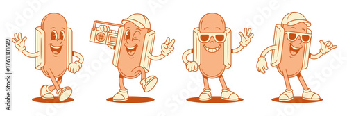 Cheerful hot dog cartoon character smiling set contoured vector flat illustration. Happy positive fast food with sausage and bread mascot retro music player greeting hi hello surf relax in sunglasses