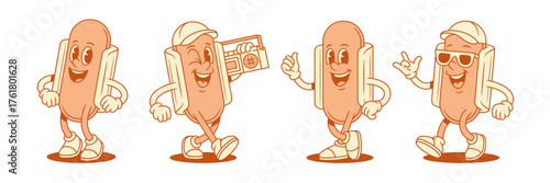 Funny cool hot dog cartoon character mascot set contoured vector flat illustration. Happy smiling fast food with sausage bread personage retro music player hi hello greeting gesture summer sunglasses