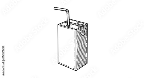 A simple black and white drawing of a juice box with a straw inserted.
