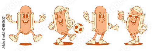 Cheerful cute hot dog cartoon character funky set contoured vector flat illustration. Smiling positive fast food sausage and bread mascot jumping peace playing football soccer morning coffee paper cup