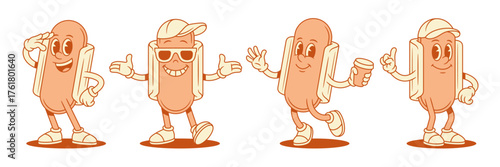 Comic hot dog cartoon character funny mascot set contoured vector flat illustration. Smiling happy fast food with sausage bread personage greeting welcome idea gesture coffee paper cup breakfast menu