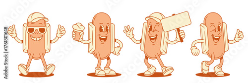 Cheerful funny hot dog cartoon character set contoured vector flat illustration. Adorable comic fast food with sausage and bread mascot ice cream promo signboard sale advertising cool greeting welcome