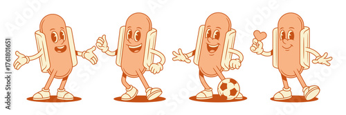 Cute comic hot dog cartoon character funny set contoured vector flat illustration. Smiling adorable fast food with sausage bread mascot welcome thumb up gesture with heart love like football soccer