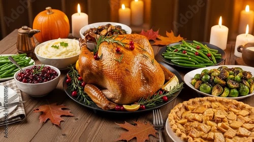 A festive thanksgiving dinner spread with a roasted turkey