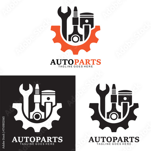 Modern Auto Parts Logo Design Vector – Gear, Wrench, Piston, Spark Plug Symbol for Car Repair and Service Branding