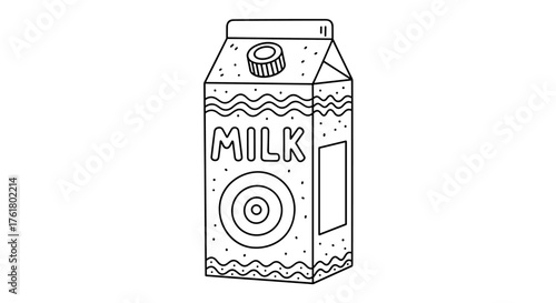 A simple line art drawing of a milk carton with decorative patterns on its surface.