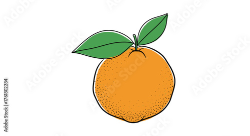 A bright orange citrus fruit with two green leaves sprouting from its stem.