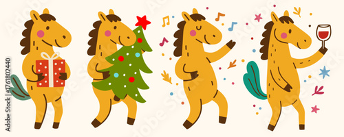Cute Christmas horse cartoon set.Pony illustration