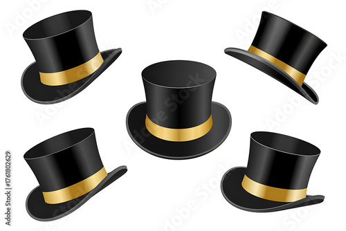 Classic black top hats with gold trim, arranged in a stylish, decorative display.
