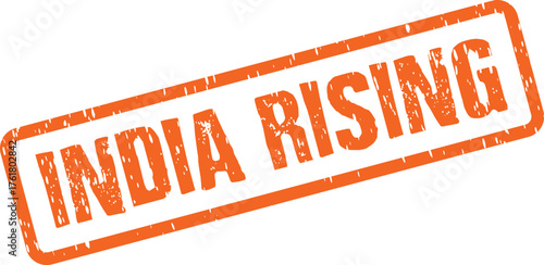 This distressed orange rubber stamp conveys the progressive text India Rising within its sturdy rectangular border
