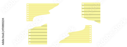 Set of white torn notebook paper pieces. Ripped paper strips. Realistic notepad sheets, scraps of notebook page, with torn edges. Vector illustration.