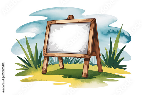 Wooden easel stands amidst lush greenery, a blank canvas awaiting artistic expression.