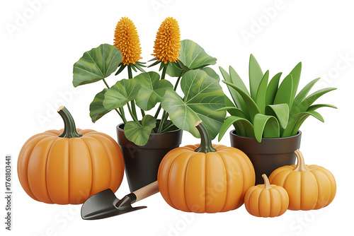 Autumnal display of pumpkins, foliage, and decorative plants in pots, with a small gardening tool.