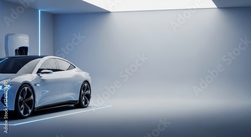 Sleek Electric Vehicle Charging in a Futuristic, Minimalist Garage with Blue Neon Accents.