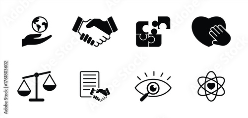 Business Ethics and Corporate Values Icon Set in Black Silhouette Style