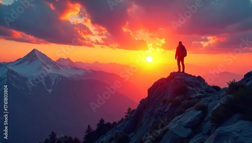 Silhouetted Hiker on Mountain Peak at Sunset  A Breathtaking Landscape of Adventure and Freedom