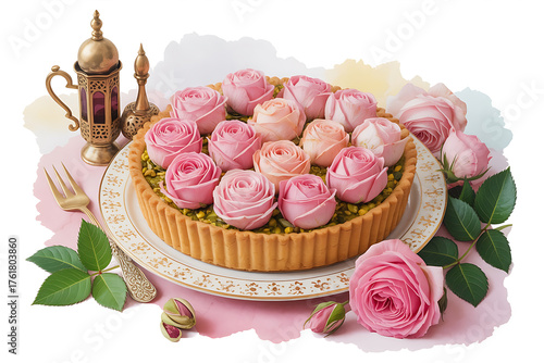 Delicate pink roses adorn a pistachio tart, evoking elegance and a sweet, floral indulgence.