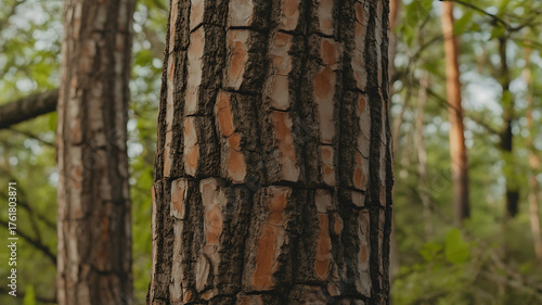 Tall, textured tree trunks rise amidst lush greenery, creating a serene forest scene.