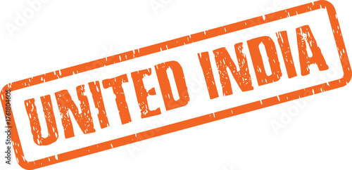 Bold orange UNITED INDIA text on a grunge rubber stamp impression