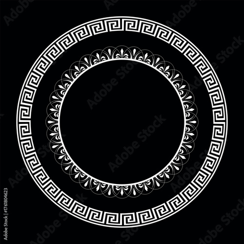 White Greek vector round frame on black background. Oval white porcelain plate with arabesque, floral meander. Greek key. Pattern of Greece, ancient Rome. For textile, embroidery, porcelain