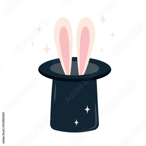 Bunny ears in a hat. Vector illustration of a magic hat, icon isolated on white background.