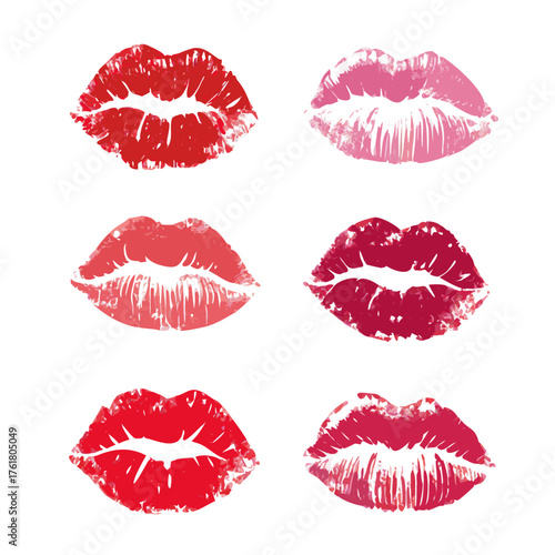Female lips lipstick kiss print set for valentine day and love illustration. Collection of Lips marks with grunge effect. Vector illustration.
