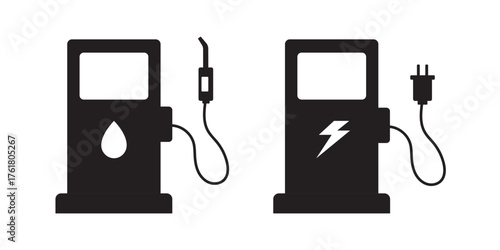 Gas station silhouette. Vector gas station icons, electric and fuel pumps.