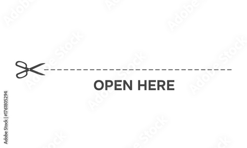 Dotted line with scissors and “open here” mark for packaging or labels. Vector
